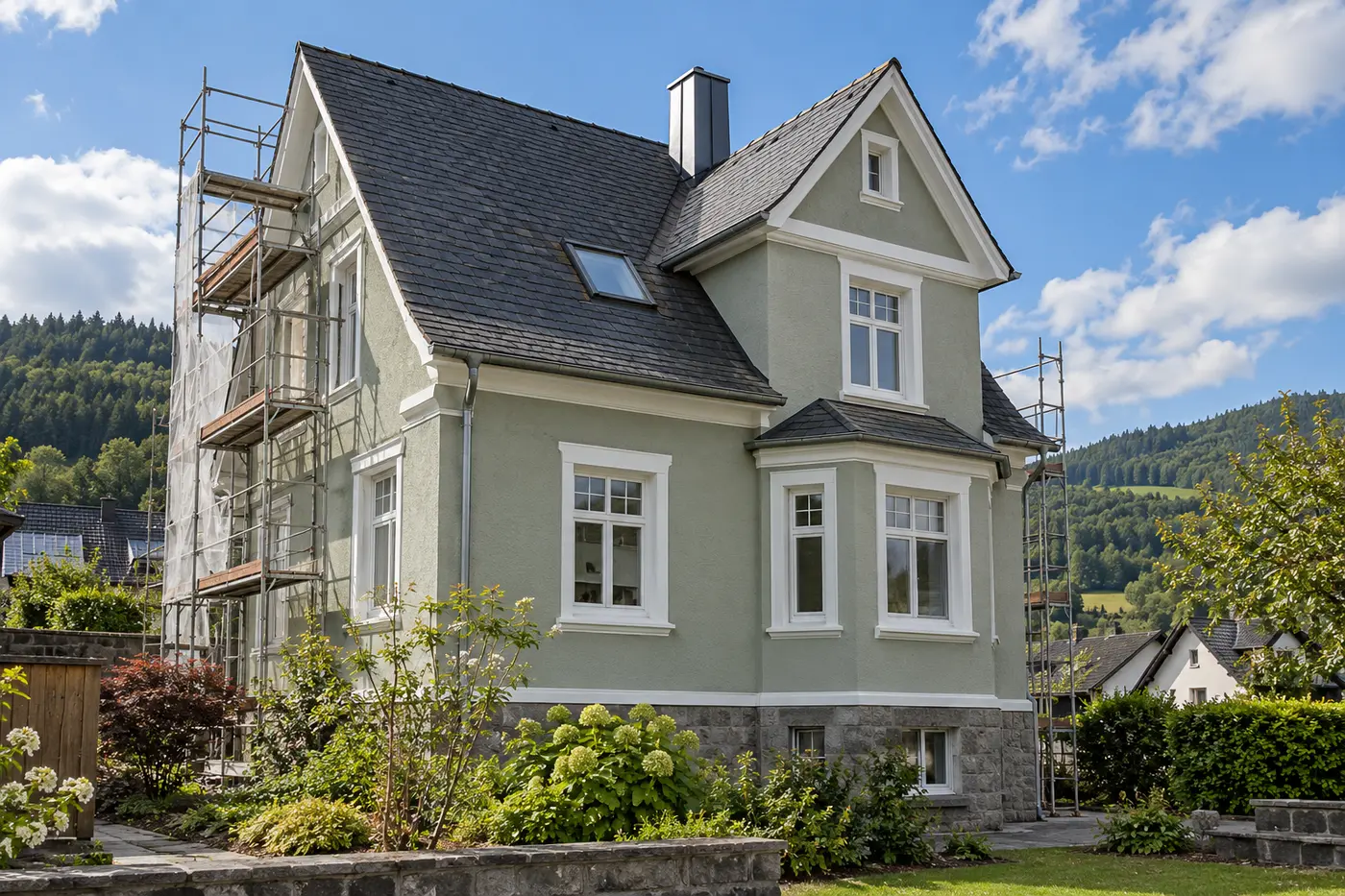 Beispielbild: frisch gestrichene Fassade eines Einfamilienhauses